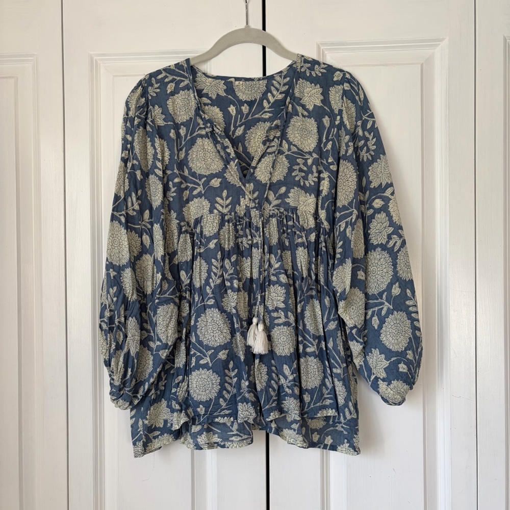 Floral Blue and Cream Indian Block Print Cotton Gauze Blouse